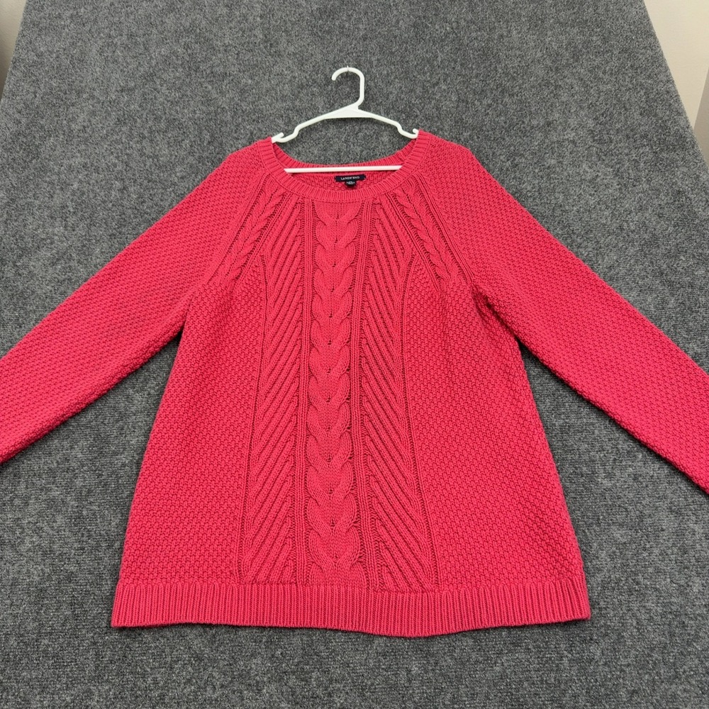 Lands End Sweater Womens 1X Pink Cotton Blend Cable Knit Crew Neck Casual Preppy